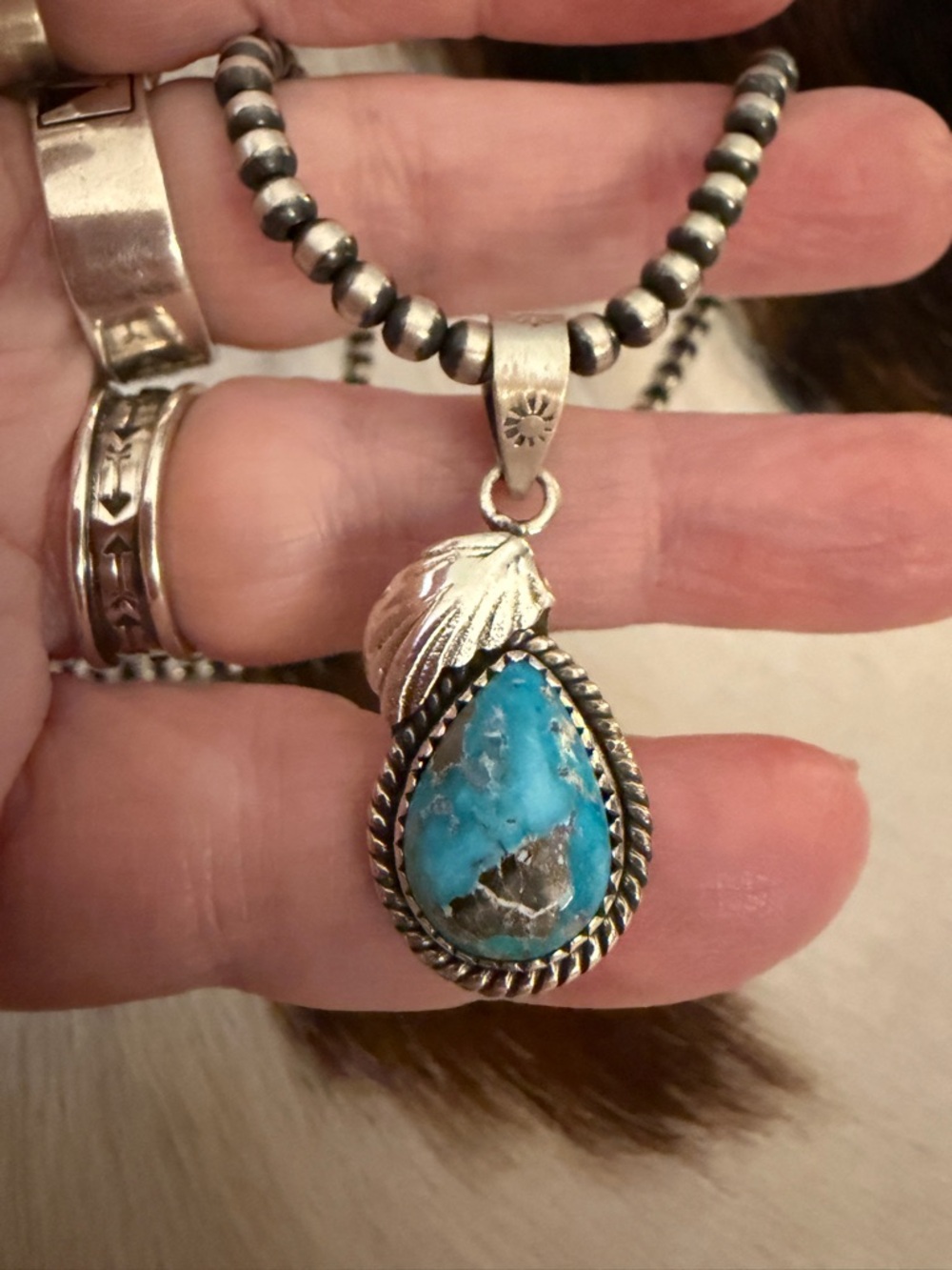 ❤️ Blue Ridge Turquoise Navajo Style Pendant Matte Sterling Leaf Motif 1.48”L